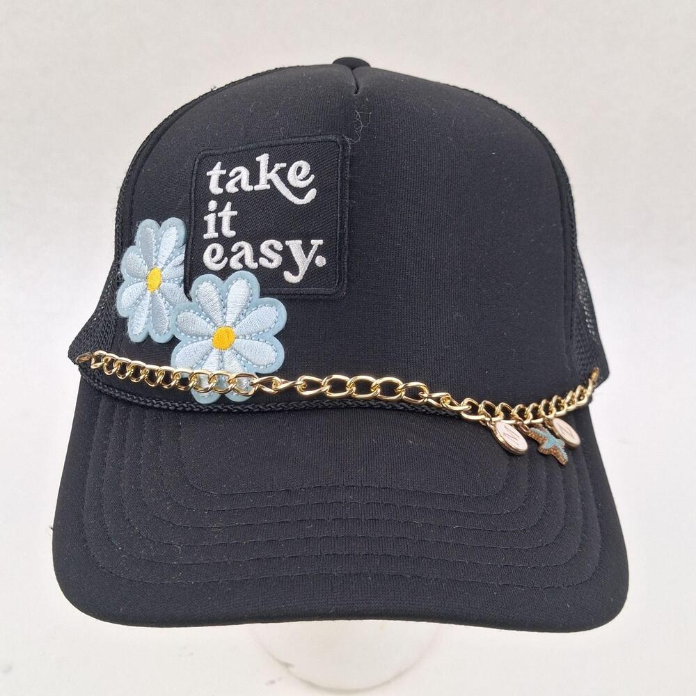 Take It Easy Daisy Hat Cap Snap Back One Size Black Trucker Mesh Otto Womens